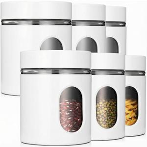Mimorou 6 Pack Kitchen Canisters Set Airtight Coffee Sugar Tea Storage Jars with Window Glass Stainless Steel Containers with Lids for Flour Cookies Spices Grains Kitchen Decorations(White,20 oz)