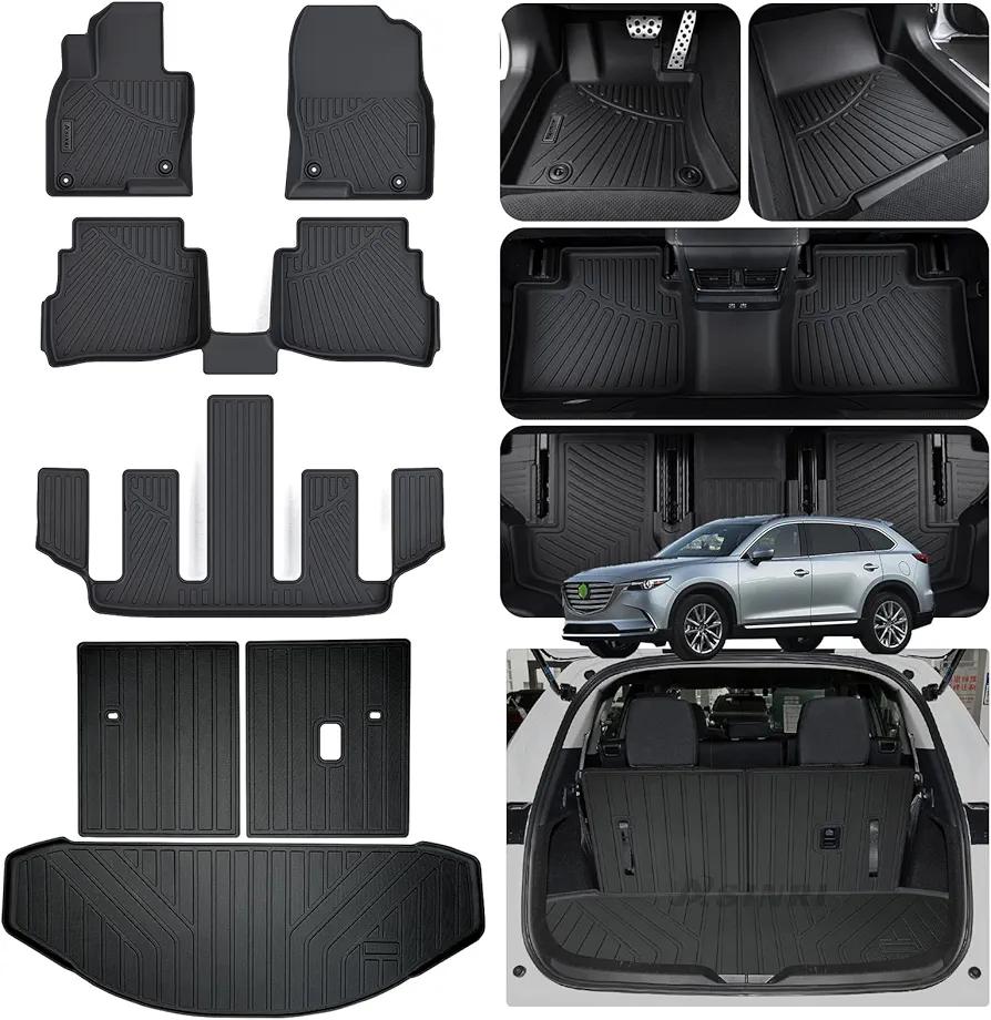 Floor Mats & Trunk Mat & Backrest Mat(Only Fit Sport Version) for 2016-2022 2023 Mazda CX9 CX-9 6 Seats(Non 7 Seats),TPE All Weather Protection Car Floor Liners & Cargo Liners