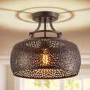 WUZUPS Chandelier Rustic Farmhouse Industrial Round Semi-flushmount Ceiling LED Light Fixture with Later-Cut Openwork Drum Shade, H 11.8" x W 13.4", Oil Rubbed Bronze, Ceiling Light, 11.8" High 13.4" Wide