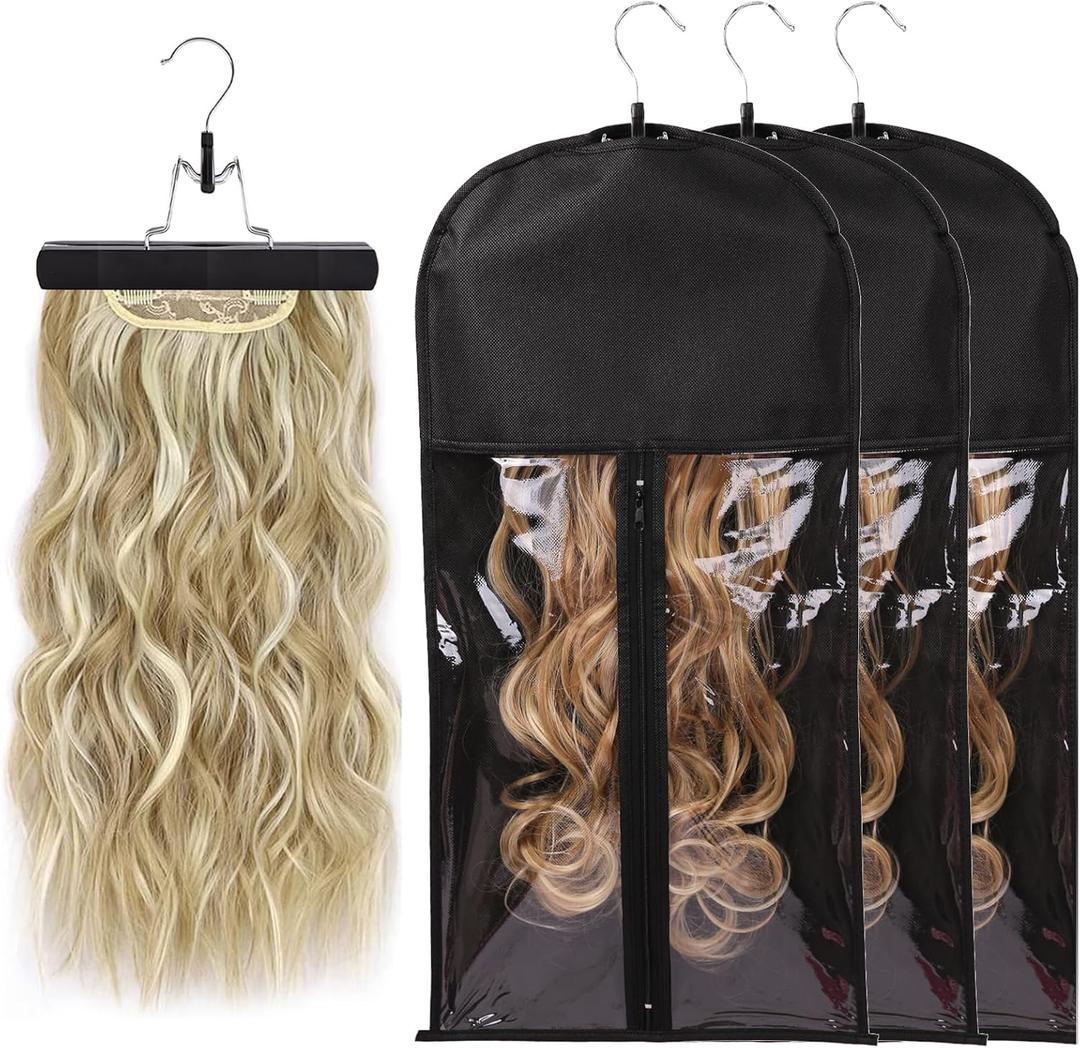 Wig Bags Storage With Hanger- 3PCS Hair Extensions Storage Bag Hair Hangers For Extensions Hairpieces Storage Holder (black) (23.6 INCH)
