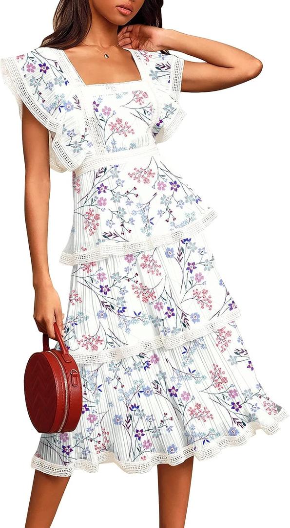 Womens Summer Ruffle Maxi Dress Tiered Chiffon Wedding Guest Cocktail Dress (White, L)