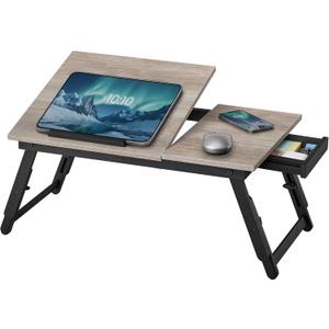 SONGMICS Bed Laptop Desk, Folding Bed Tray for Laptop up to 15.6 Inches, Adjustable Angle and Height, Portable for Working Reading Writing Breakfast, Bamboo Legs, Drawer, Heather Greige ULLD105W01