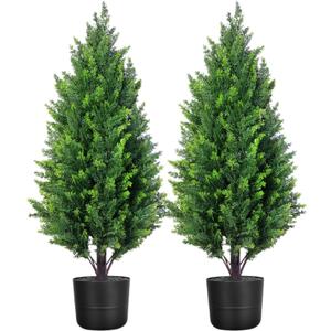 Set of 2 3FT Faux Topiary Cedar Trees, Realistic Outdoor Artificial Evergreen Plants with Pots, UV Resistant Topiaries Bushes Potted Fake Cypress Tree Shrubs for Porch Garden Home Office Decor