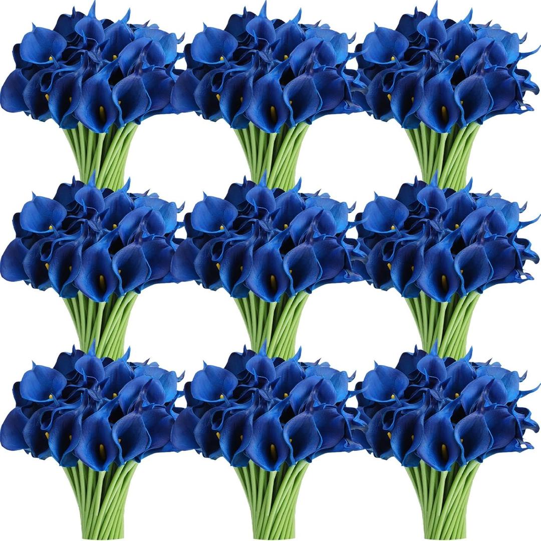 Janinka Set of 60 Calla Lily Artificial Flowers Bulk Calla Lilies Bouquet for Wedding Fake Real Touch Faux Bridal Bouquet Silk Lily Bouquet for Home Party Decoration, 14 Inch (Dark Blue)