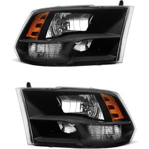 2009-2018 Dodge Ram 1500 Headlights Assembly,2010-2018 Dodge Ram 2500/3500 Quad And Dual Style Black Housing Amber Reflector Replacement Driver and Passenger Side