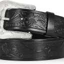 Women Men Western Belts Cowboy Cowgirl Country Belt Longhorn Bull Buckle Floral Embossed Belt for Jeans Dresses, 01-black(silver Buckle), Fit waist 32-35 inches
