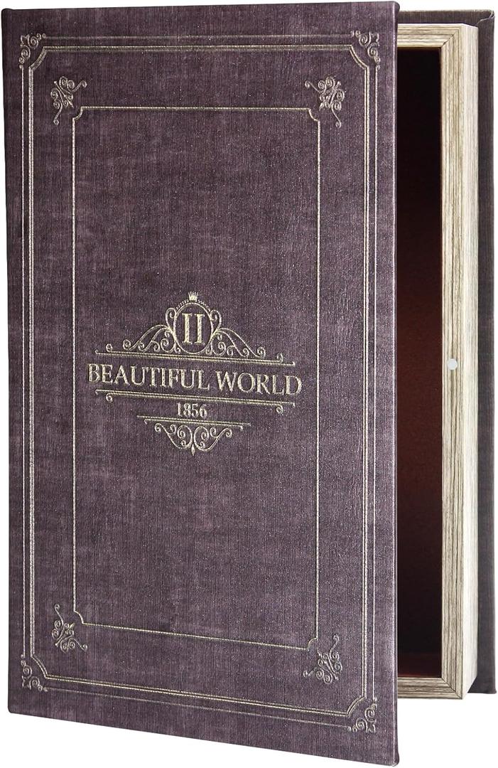 Decorative Vintage Book Shaped Trinket Storage Box Brown Leather -24B-005Literary Works Fake Book Box Home Decor (Beautiful World)