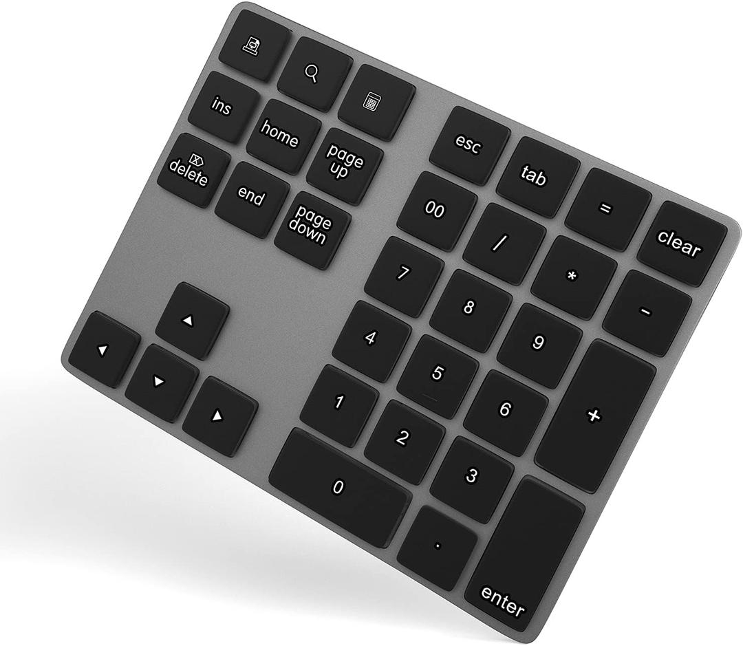 Foloda Bluetooth Numeric Keypad, Aluminum Rechargeable 34-Keys Wireless Number Pad External 10 Keys Numpad Data Entry Compatible for Laptop MacBook Mac Windows (Black)