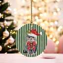British Shorthair Cat Christmas Ornament Decorations, Cat Mom Lady Lovers Gifts, Green Striped Christmas Santa Kitten Holiday Decorative Hanging Ceramic Ornaments for Xmas Tree Party