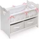 Badger Basket Wooden Doll Bed with Bed Liner, Pillows and Two Storage Baskets - Fits 18" Dolls - Ideal for Pretend Play and Baby Doll Fun - White/Rose Design with Free Personalization Kit