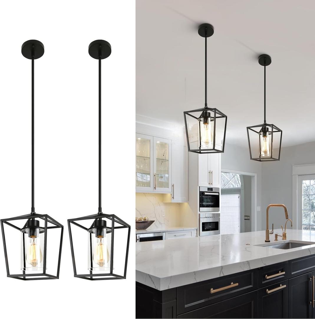 2 Pack Black Pendant Light Fixture 1-Light Farmhouse Pendant Lights Kitchen Island Lantern Iron Cage Hanging Light with Clear Glass Shade for Entryway Dining Room Hallway Porch