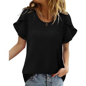 CRAZY GRID Women's Shirts Summer Casual Crewneck Ruffle Short Sleeve Blouses Cute Floral Print Tunic Tops, L, Black