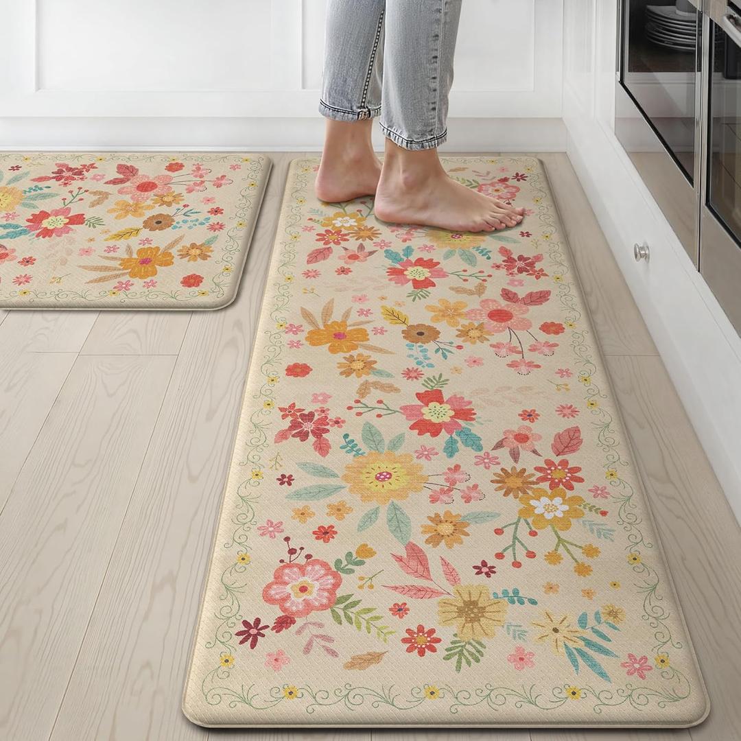 GENIMO Kitchen Mats for Floor 2PCS, Cushioned Kitchen Rugs Non Slip Washable, Farmhouse Anti Fatigue Mat Waterproof, Comfort Standing Mat Rug for Office, Home, Laundry, 17.3"x47"+17.3"x30", Beige