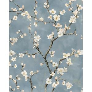 Fvlow Blue Blossoming Branches Floral Wallpaper Peel and Stick 17.4" x 394" boho treetops Contact Paper White Flowers Wallpaper Removable Self Adhesive Covering for Bedroom Cabinet Bathroom Home Decor