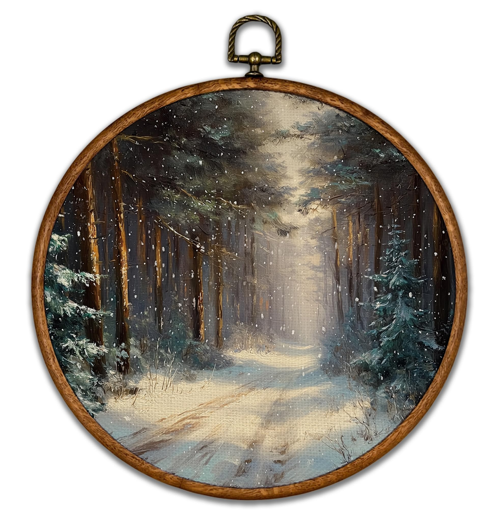 BCUANGD Winter Round Wall Art Decor - Vintage Winter Landspace Wall Art Canvas Frame Artwork Prints, Rustic Xmas Holiday Cottage Round Wall Hanging Decorations for Home Farmhouse Bedroom, 10"x10"