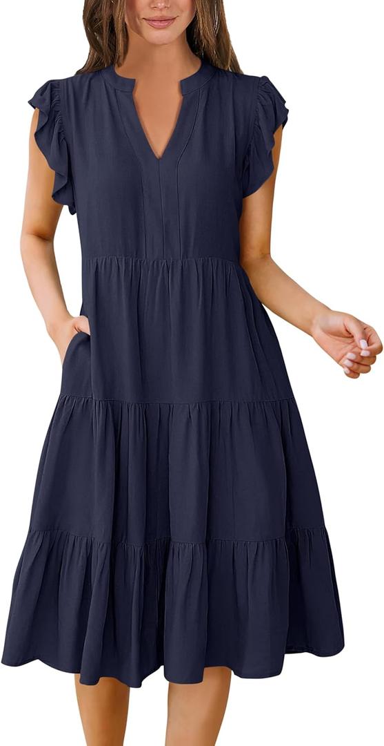 ANRABESS Womens Summer Dress Ruffle Sleeve V Neck Midi Dresses Fashion Casual Fit Flowy Tiered Boho Beach Vacation Sundress (Large, Deep Navy Blue)