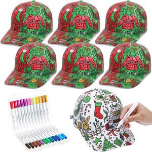 Chicingyou 6 Pcs Christmas Paint Caps Paint Your Own Christmas Hat Include 6 DIY Doodle Baseball Canvas Cap 24 Acrylic Markers Arts Crafts Kit for Xmas Morning Gift for Family Holiday Party Supplies