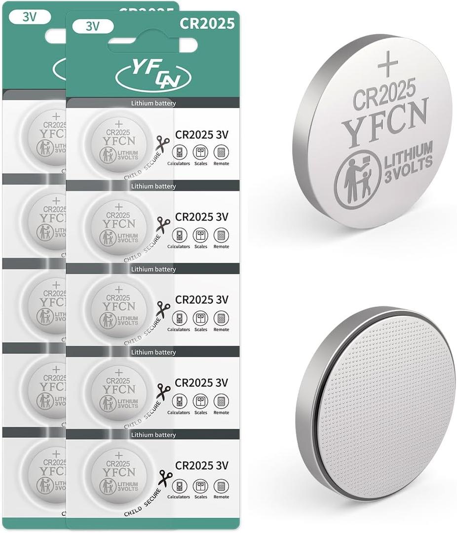 YFCN CR2025 Battery 3V Lithium Battery 10 Count Pack CR2025 Batteries for Key Fobs, Remote Control, LED Candles, Thermometers - CR 2025 Coin Cell Batteries - 5 Years Shelf Life