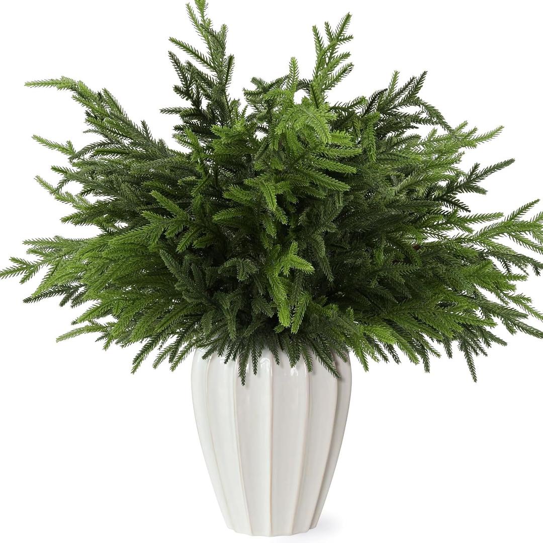 12Pcs 24 Inch Real Touch Norfolk Pine Stems, Artificial Green Plants Branches, Faux Greenery Pine Stem Fake Cedar Picks for Vase, Christmas Pine Branches for DIY Crafts Home Indoor Decor