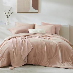 WRENSONGE Queen Comforter Set - 7 Pieces Clay Pink Soft Bed in a Bag Queen with Fitted Sheet, Flat Sheet, 2 Pillow Shams, and 2 Pillowcases- Warm Bedding Sets for All Season