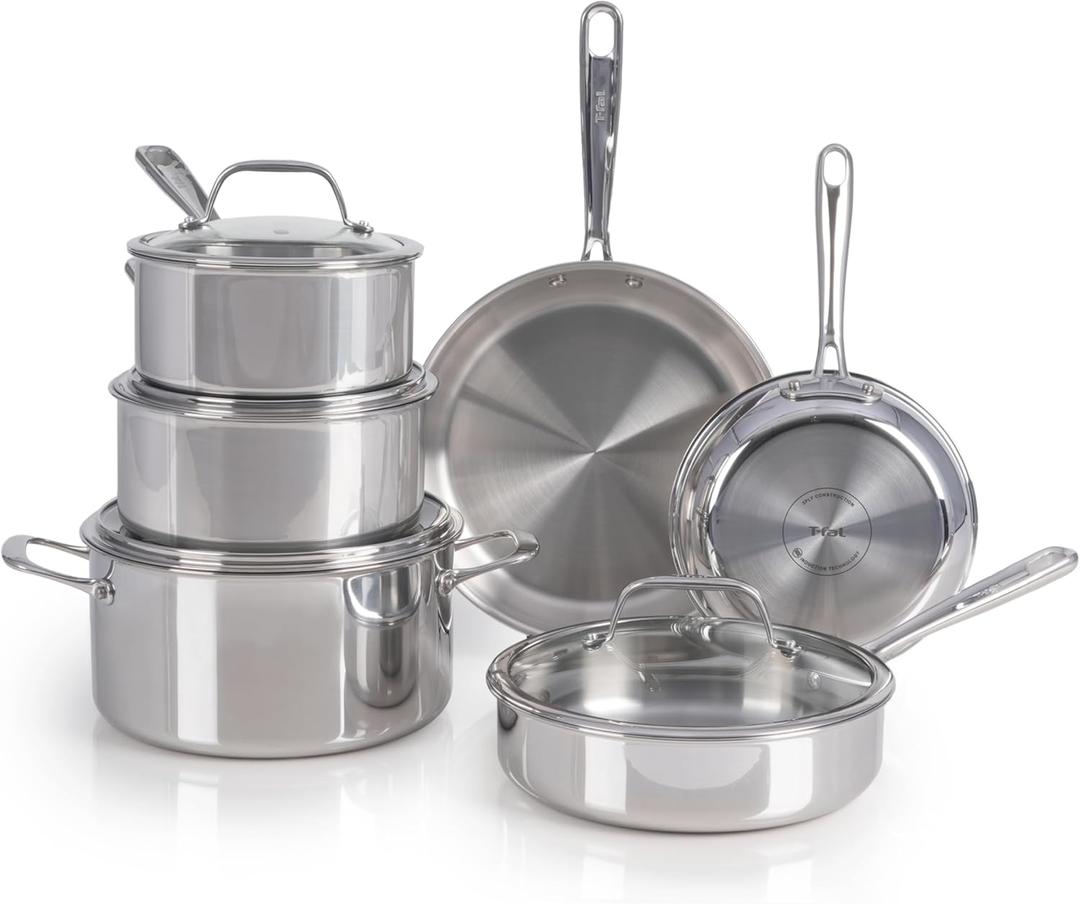 T-fal Pro Tri-Ply Stainless Steel Cookware Set, 10 Piece-Induction Compatible, Oven Safe 500F, Lids-350F, Even Heat, Professional Quality, Durable, Induction Pots and Pans Set, Silver