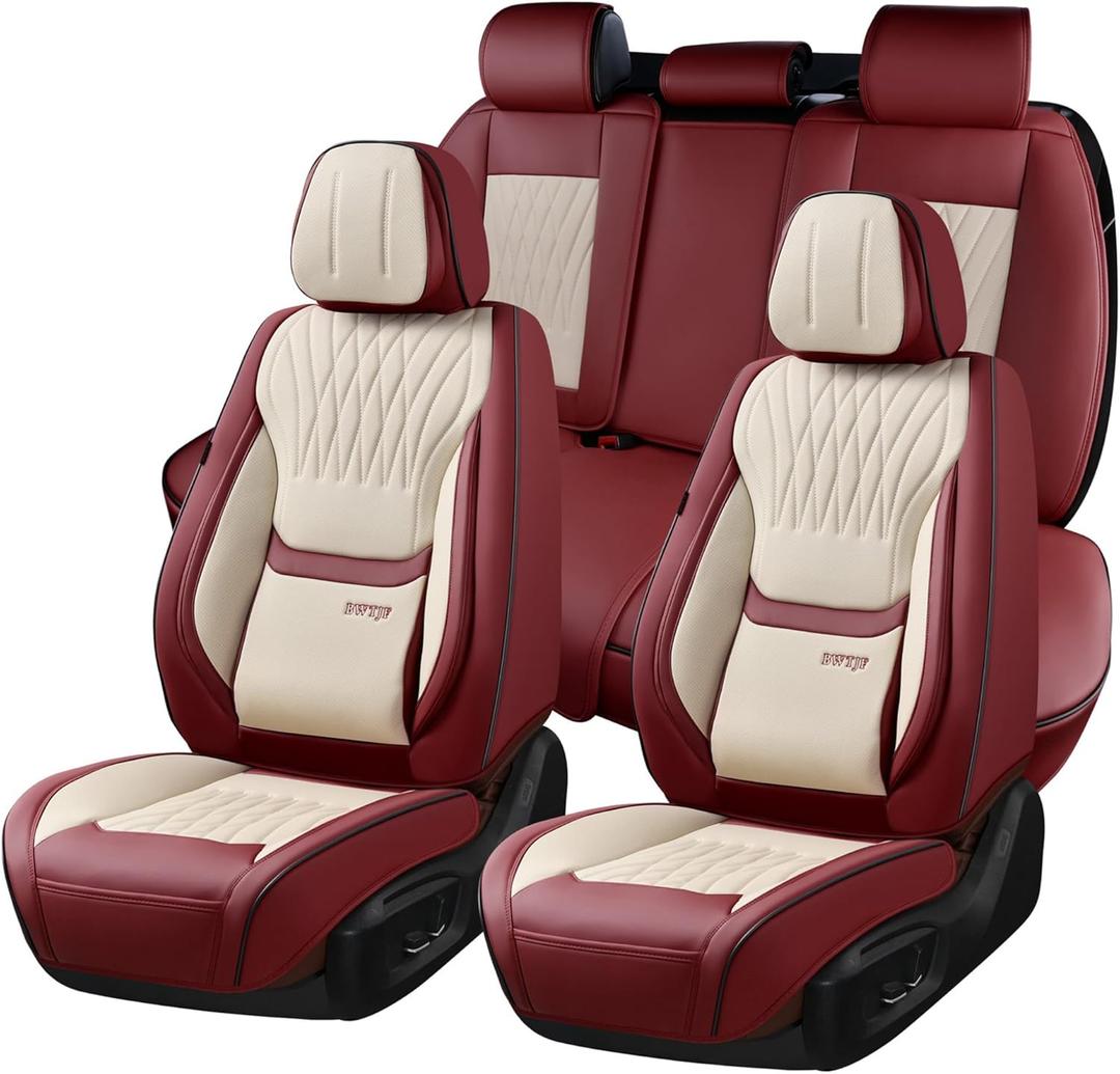 Full Set Car Seat Covers (Front & Rear) | Leatherette Protectors | Airbag Compatible for Sedans, SUVs, Trucks (Wine Red & White)
