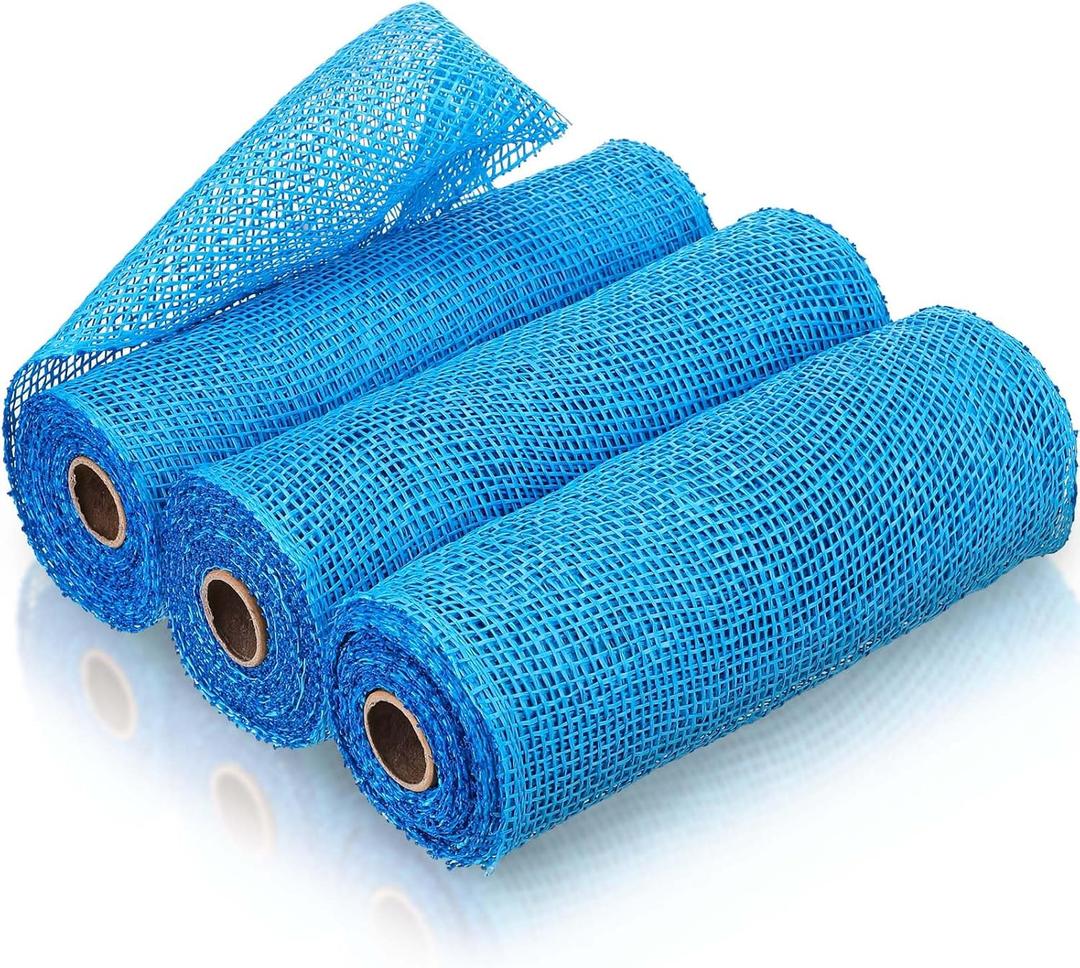 Chuangdi 3 Rolls Poly Burlap Deco Mesh 10 Inch Lake Blue Deco Poly Decorative Mesh Ribbon Wrapping Ribbon Rolls for Home Door Wreath Decoration DIY Crafts Making