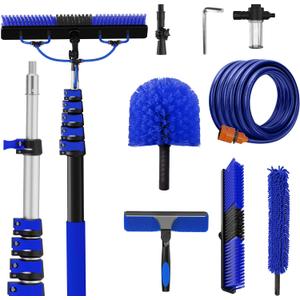 Reach Solar Panel Cleaning Brush Kit with 5-24FT Telescoping Pole, Water Fed Window Cleaner Tool with 20" Brush, Soap Dispenser, Cobweb Duster, Squeegee for Roof, RV, Gutter, Deck,Blue