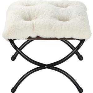 15" Foldable Foot Stool Ottoman with Metal Frame - Washable Faux Fur Beige Upholstered Indoor/Outdoor Footrest for Living Room, Bedroom, Patio - Space-Saving Compact Design