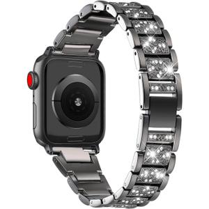 Bling Bands Compatible with Apple Watch Band 42mm/41mm/40mm/38mm Iwatch Series 11/10/9/8/7/SE/6/5/4/3/2/1, Women Metal Rhinestone Dressy Replacement Wristband, Black