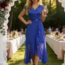 Womens V-Neck Lace Short Sleeve Bridesmaid Dress Chiffon A-line Ruffle Hem Split Wedding Party Midi Dress (Blue, XL)