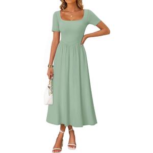 ZESICA Summer Dresses for Women 2026 Elegant Classy Square Neck Short Sleeve Flowy Cocktail Party Midi Dress Light Green L (Green, L)