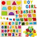 Wooden Puzzles for Toddlers, Kesletney Wooden Alphabet Number Shape Learning Puzzles for Kids, 3 in 1 Montessori Preschool Educational Toys for Boys Girls Ages 3 4 5 Years Old