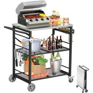 Ciokea Folding Outdoor Grill Cart with Wheels, 3-Shelf Grill Table with 27x18 in Stainless Steel Top, Rolling Pizza Oven Stand, Metal Portable Cart for BBQ Patio Camping (Black)