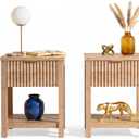Fluted Night Stand with Golden Handle,Set of 2 Mid-Century Nightstands with Drawer, Bedside Table with Storage Shelf,Large Wood End Tables for Livingroom,Bed Side Tables for Bedroom, Natural Oak