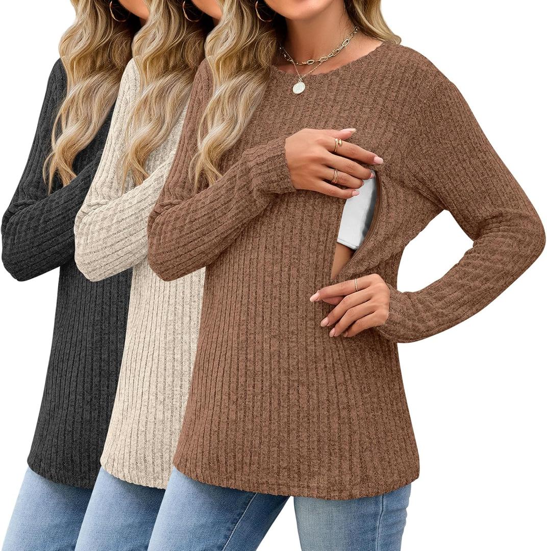 3 Pack Women's Nursing Tops Breastfeeding Shirts Long Sleeve Maternity Ribbed Sweaters with Hidden Zipper (Medium, Black, Apricot, Brown)