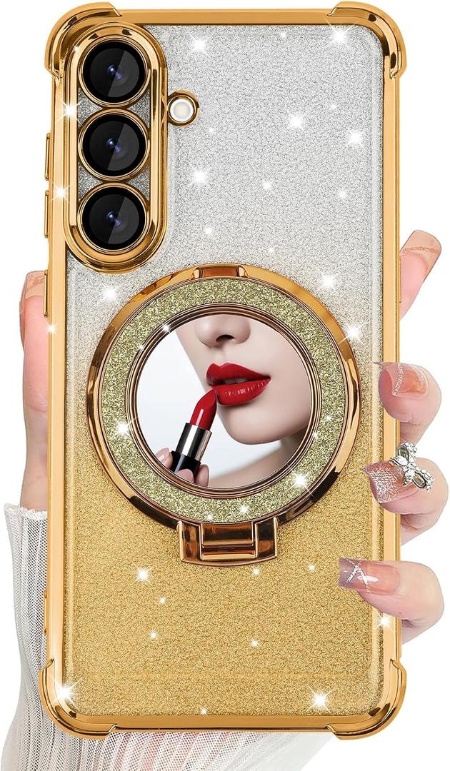 DAKORIE for Samsung Galaxy S25 FE Case Glitter with Mirror Shockproof Heavy Duty S25 FE Protective Cover for Galaxy S25 FE 5G 2025 - Gold