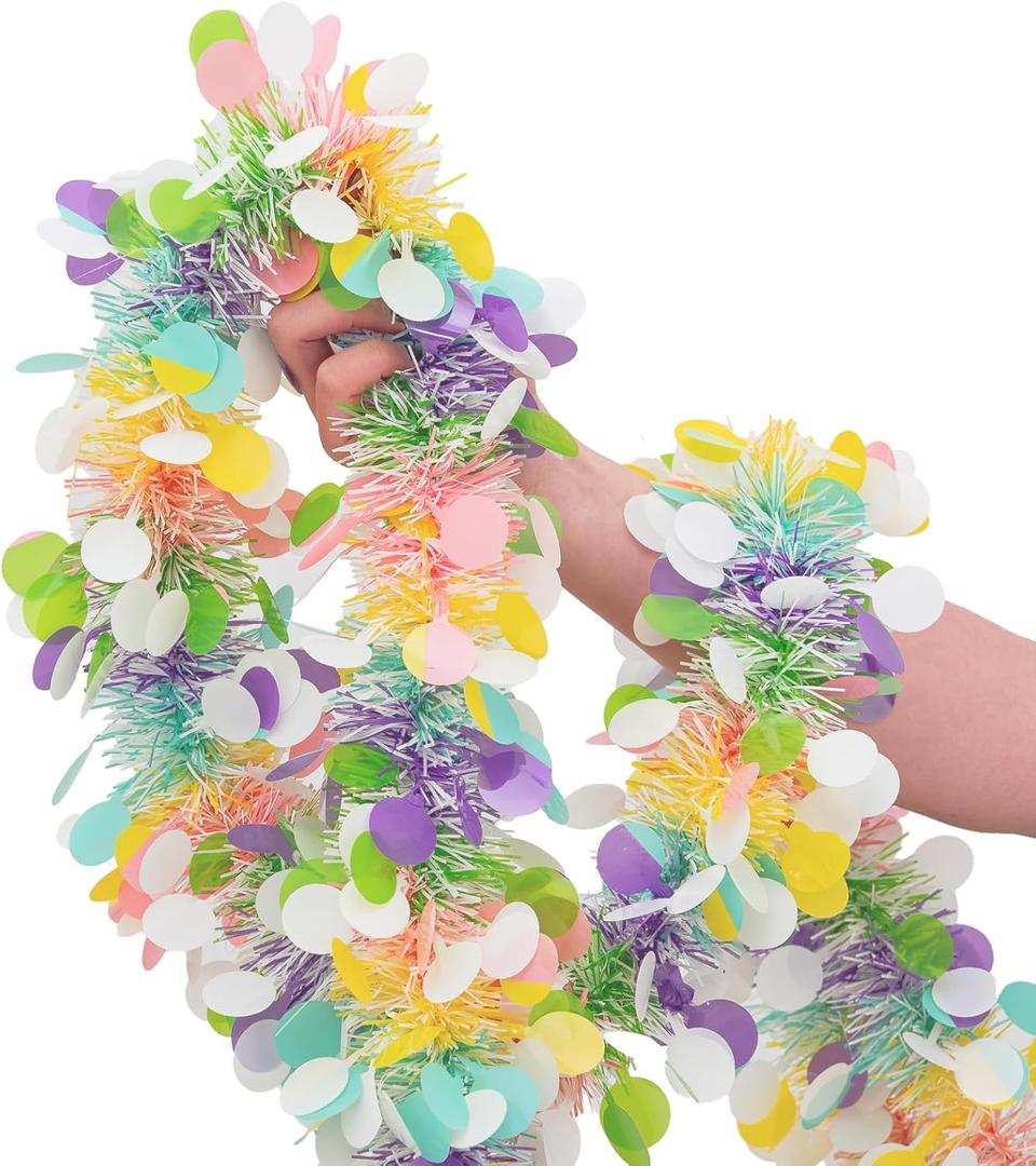 33FT Easter Tinsel Garland Colorful Metallic Twist Foil Tinsel Garland with Confetti Spring Hanging Garland for Easter Party Door Tree Indoor Outdoor Decoration