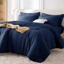 MUXHOMO 7 Pieces Queen Comforter Set, Seersucker Bed in a Bag Queen Size, All Season Luxury Bedding Set with Comforter, Flat Sheet, Fitted Sheet, Pillowcases & Shams, Navy Blue (Queen (88"x88"))