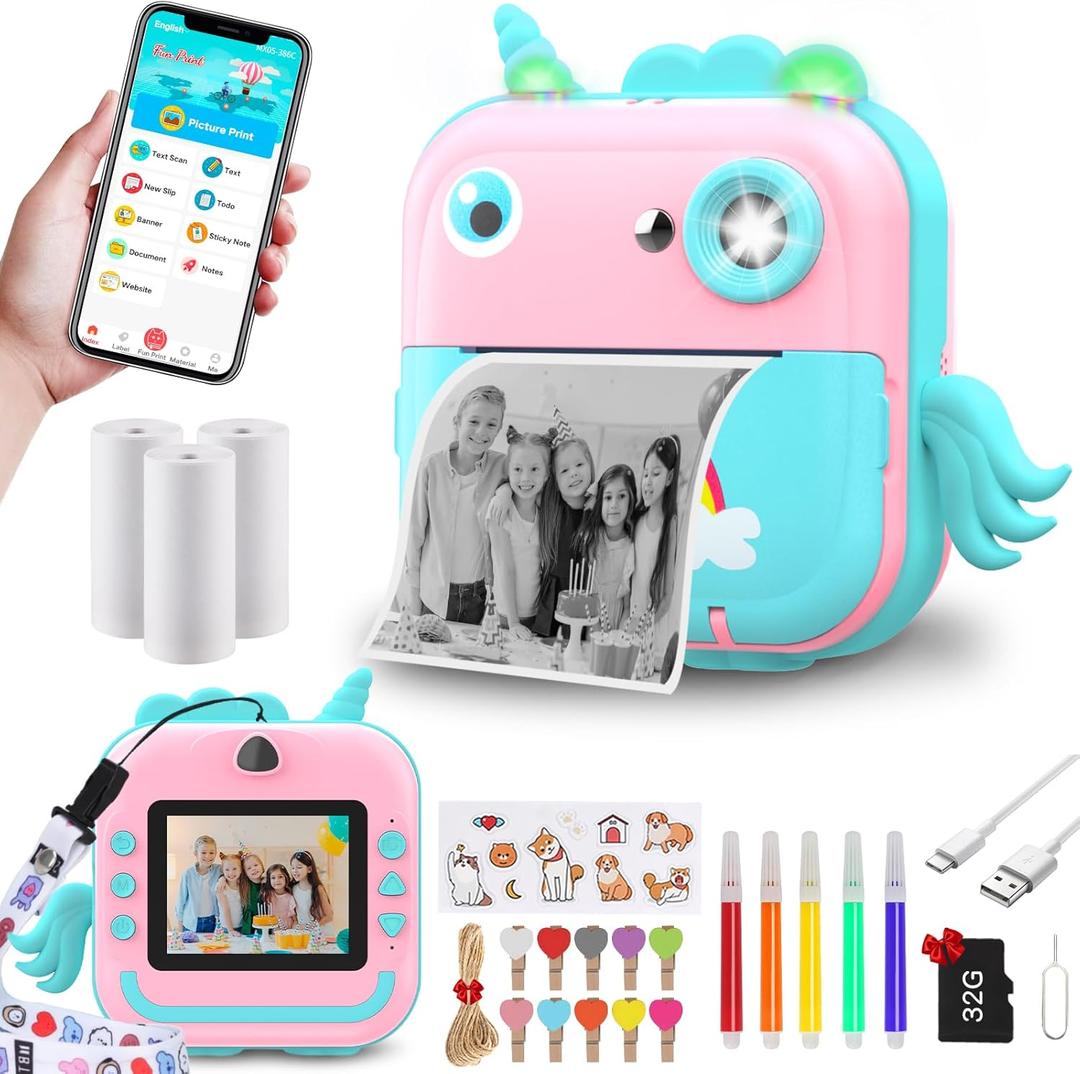 Instant Print Camera for Kids,Inkless Sticker Printer for Girls Boys Age 3-12, 20MP HD Digital Video Cameras, Mini Thermal Printer Kid Toy with 3 Rolls Photo Paper, 5 Color Pens, 32GB Card-Pink