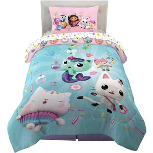 DreamWorks Gabby's Dollhouse Cakey, MerCat And Pandy Kids Bedding Super Soft Comforter And Sheet Set, 4 Piece Twin Size, By Franco