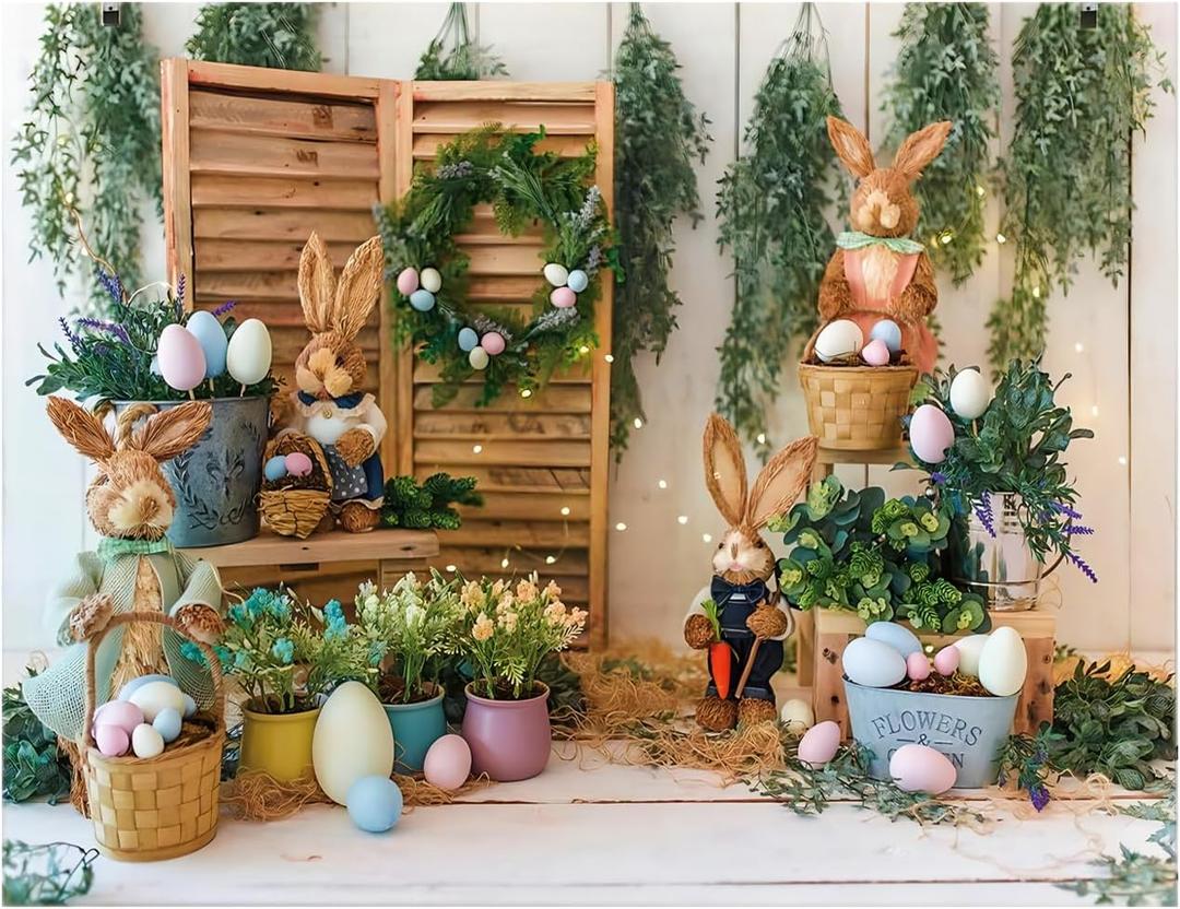 YYNXSY Easter Photography Background Spring Rustic Wooden Wall Colorful Egg Bunny Background Baby Shower Kids Birthday Party Decoration Portrait Banner Booth Studio Props Mini Session 7X5FT YY-6006