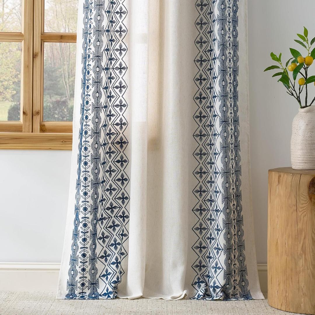 NICETOWN Heavy Duty Cream Linen Curtains 96 inch Long, Navy Blue Geometric & Floral Patterned Embroidered Drapes for Living Room, Decorative Panels for Nursery Bronze Grommet, W52 x L96, Set of 2