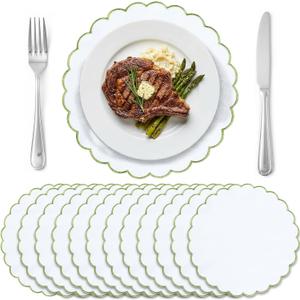 Set of 12 White Cotton Placemats 15 Inch Round Scalloped Embroidery Placemats Washable Double Layered Rustic Table Mat Fabric Napkins for Wedding Table Decor