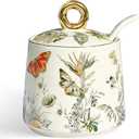 Ceramic Sugar Bowl with Lid and Spoon with Floral Pattern, Gold Trim - 7.5oz Elegant Sugar Jar with Lid and Spoon, Nordic Style for Kitchen, Dining, Cafe, Gift Idea (B)