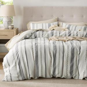 Bedsure Waffle Weave Duvet Cover King - 100% Cotton Boho Duvet Cover with 2 Pillowcases - Cream White Textured Comforter Cover with Zipper Closure (King, 104"x90") (19 - Strip White (No Comforter))