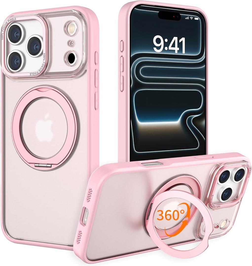IYH 360 Rotatable Magnetic Case for iPhone 17 Pro Max, Military-Grade Shockproof Phone Cover with Matte Translucent Back(Pink)