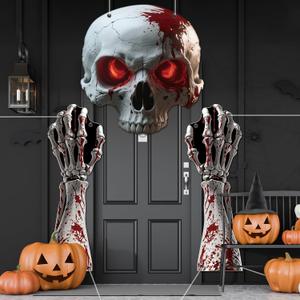 2 x 3Pcs Halloween Skull Archway Door Banner Halloween Gothic Skeleton Porch Banner Bloody Skeleton Door Hanging Decorations Scary Skull Porch Sign for Outdoor Indoor Haunted House Party Supplies