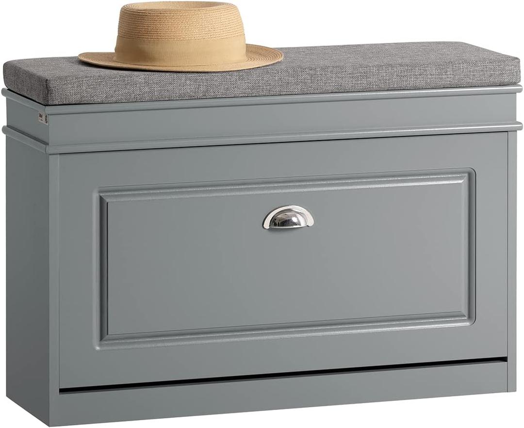 Haotian Shoe Storage Bench with Cushion, Grey Narrow Shoe Rack for Entryway, Small Shoe Cabinet with Flip-Drawer, Closet Hallway Mudroom FSR82-L-HG