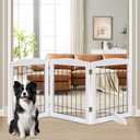 LZRS 3-Panel Freestanding Adjustable Wooden Dog Gate30" Tall Foldable Pet Barrier with Support Feet, Chew-Resistant Solid Hardwood & Steel Wire Safety Fence for Doorways, Hallways, and Stairs, White